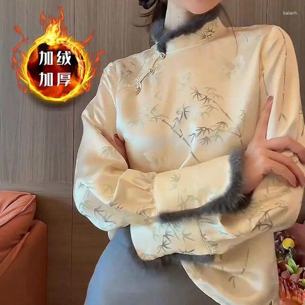 Vêtements ethniques 2024 Femmes chinoises Style oriental Chemise boutonnée imprimée et haut en peluche Femmes Manches longues Cheongsam Blouse