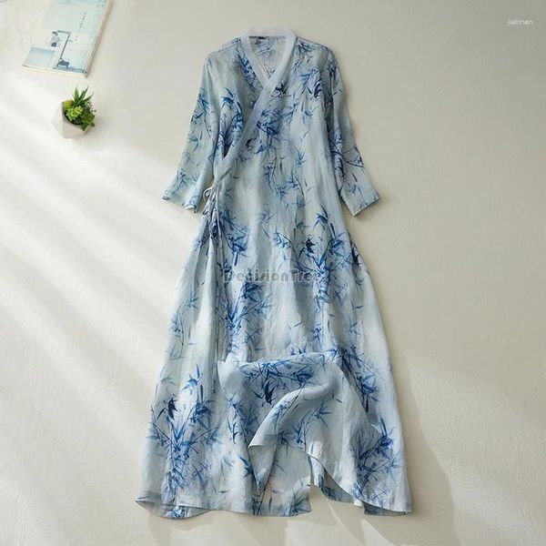 Vêtements ethniques 2024 Daily Elegant Chinese Style Robe National Color Color Printing Art Vestido OBLIQUE FRANT LAçing Cotton Line