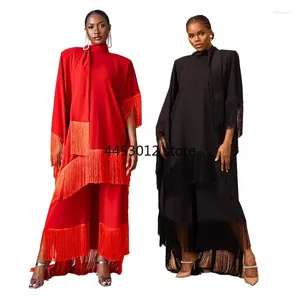 Etnische kleding 2024 Jurken voor vrouwen Satijn Elegante kwastjes Sjacht Kraag Zwart Red Moslim Fashion Abayas Dashiki Robe Kaftan Maxi