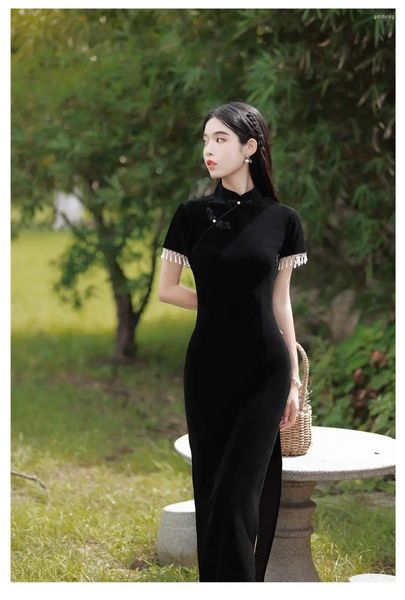 Ropa étnica 2024 mujeres elegantes cheongsam chino tradicional negro vestido dividido traje vintage vestidos largos sexy qipao color 2xl