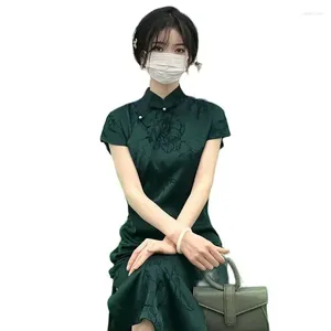 Etnische kleding 2024 Fashion Dark Green Cheongsam Print Korte mouw Vintage jurk vrouwen kostuums verbeterde Qipao Chinese oosterse meisje