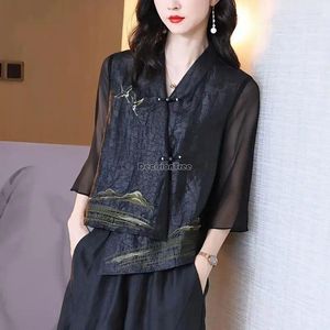 Vêtements ethniques 2024 Mode Top Femmes Chinois Style Tang Costume Spring Disc Boucle Manteau Court Demi-Manches Chemisier S351