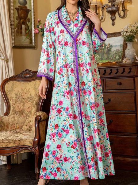 Vêtements ethniques 2024 imprimé floral col en V caftan abaya élégant manches longues maxi robe dubaï turc musulman lâche islamique