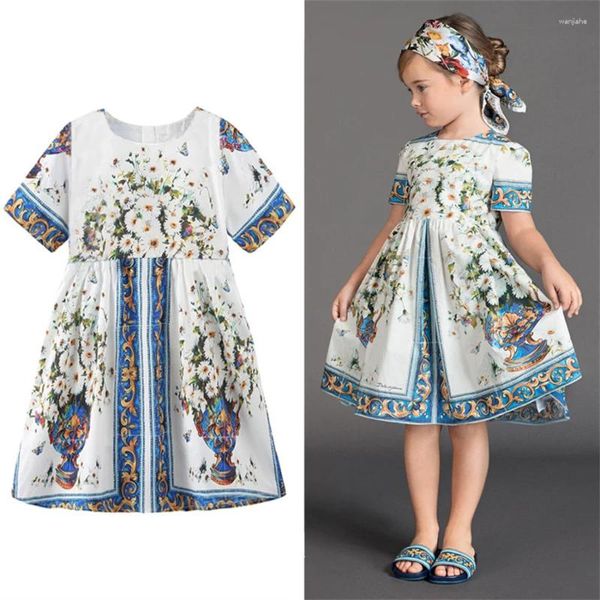 Ropa étnica 2024 Vestido de fiesta para niñas Niños Vintage Vestidos de princesa de manga corta Ropa de cumpleaños estampado de verano de estilo italiano