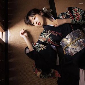 Vêtements ethniques 2024 Kimono japonais Femme améliorée Tenue formelle Pographie traditionnelle Manches rétro Peignoir sombre