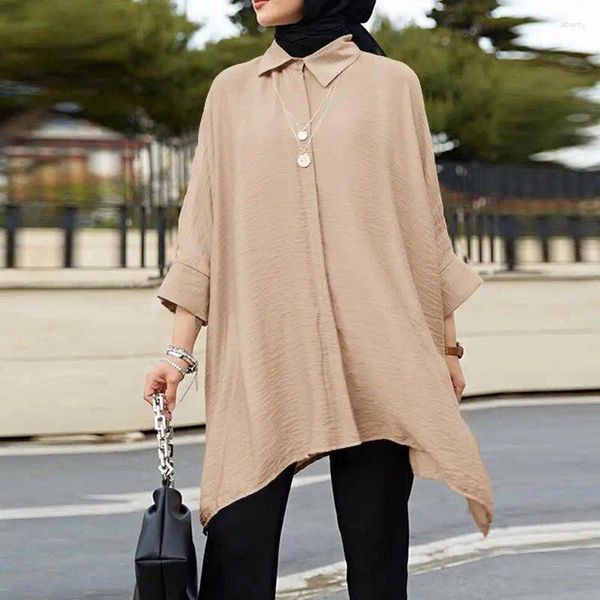 Vêtements ethniques 2024 Chemises longues pour femmes musulmanes Tops solides Col à revers Hijab Blouse Vintage Style Arabe Wear Casual Spring Girl