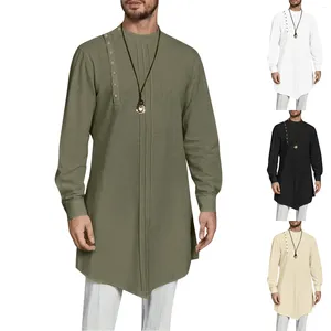 Vêtements ethniques 2024 hommes Muslim Abaya Stand Collar à manches longues Islam Arabe Kaftan Couleur solide