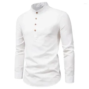 Vêtements ethniques 2024 Hommes Automne Coton Lin Blouse à manches longues Couleur unie Col montant Chemise Mode Slim Fit