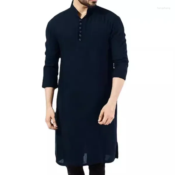 Vêtements ethniques 2024 Mensine à manches longues Musulman Musulman Robe Bouton Up Kaftan Split Arabe Shirt Men Islamic