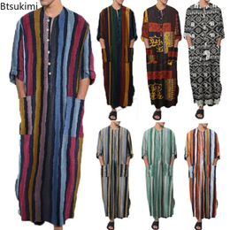 Vêtements ethniques 2024 Hommes Musulmans Abayas Coton Ligne Chemises de nuit Peignoir Robe Kaftan Vacances Plage Homme Robe Arabe