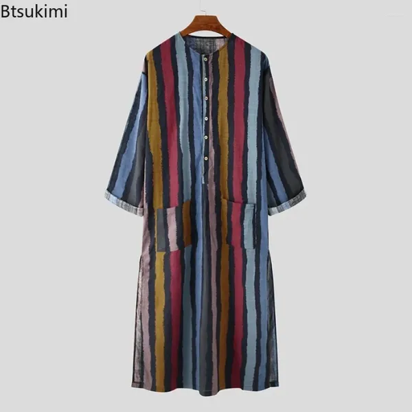 Ropa étnica 2024 Camisón para hombres Túnicas Camisa a rayas árabes Mangas largas Retro Kimono Casa Falda Algodón Albornoz Lencería