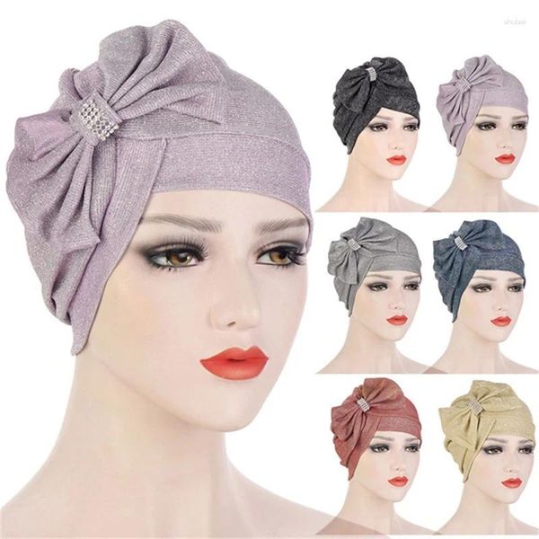 Vêtements ethniques 2024 Multicolor paillettes Bowknot Fashion Turban Cross front Big Bow Turbans en diamant pour femmes Muslim