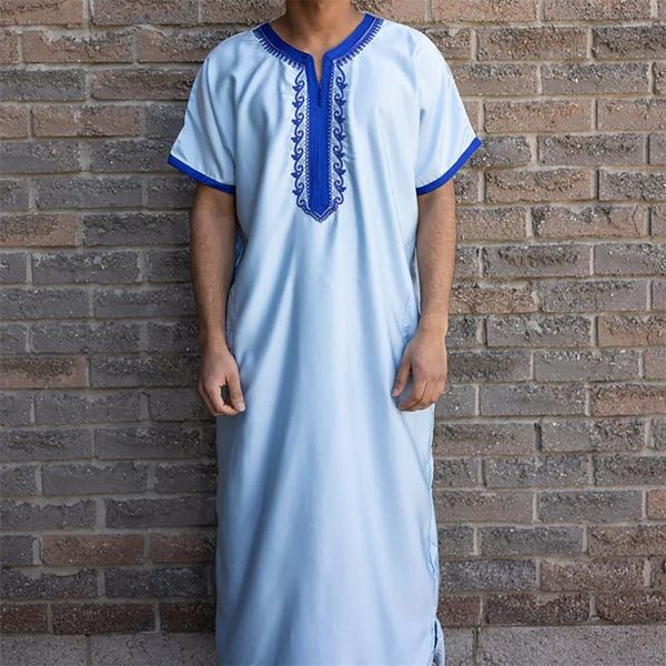 Ropa étnica 2024 Musulmán Jubba Thobe Men bordada Bata manga corta Abaya Árabe Ramadán Islámico Vestido de oración de verano de los hombres