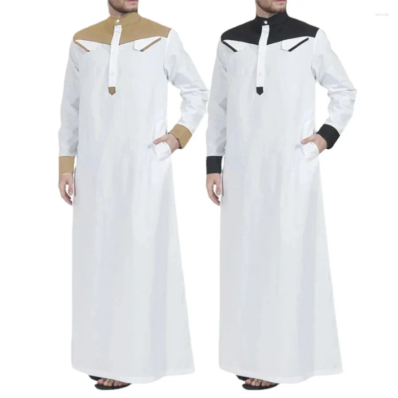 الملابس العرقية 2024 المسلم ثوب الأكمام الطويلة على النقيض من اللون المرقعة للرجال Caftan Mandarin الرقبة رداء للشرق في الشرق الأوسط