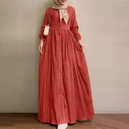 Etnische kleding 2024 Moslim dames retro lange mouwen stevige kleur rok veer en herfst elegante casual groot formaat jurk