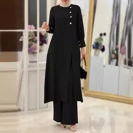 Vêtements ethniques 2024 Ensemble de deux pièces pour femmes musulmanes à la mode et élégante Couleur solide Slit Long Shirt Pantalon Pantalon de jambe