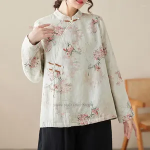 Vêtements ethniques 2024 National Flower Imprimer Coton Linge Qipao Manteau Chinois Vintage Polaire Doublée Veste Tang Costume Oriental Épaissir Chaud