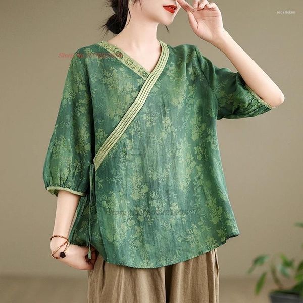 Vêtements ethniques 2024 Broides à imprimé floral national chemisier lâche traditionnel chinois vintage hanfu tops en v-col de méditation