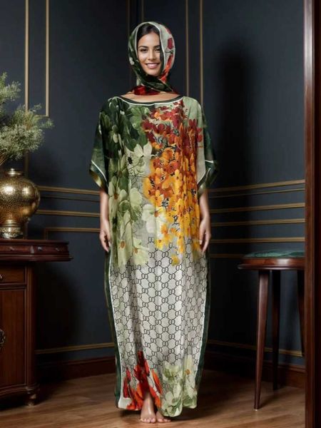 Vêtements ethniques 2024 Neue Art Mode Bergroe Afrikanische Frauen Kleidung Dubai Dashiki Abaya Fr Size Print Design Mit Schal Lockeres Langes K T240510