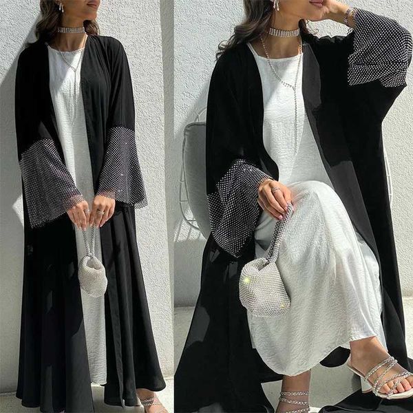 Vêtements ethniques 2024 Nouveau Ramadan musulman Eid Black Open Kimono Abaya Elastic Drilling Net Shalwar Kamz Casual Loose Moroccan Golf Women Robe T240515