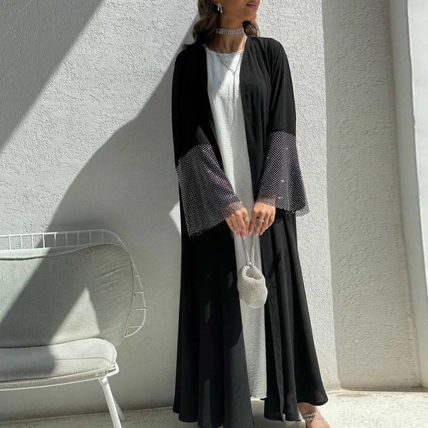 Vêtements ethniques 2024 Nouveau Ramadan musulman Eid noir Open Kimono Abaya Forage élastique Net Shalwar Kamz décontracté Morocain Golf Women Robe T240510
