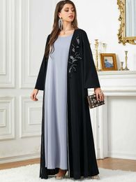 Etnische kleding 2024 Nieuwe Saoedi -Arabische Casual losse zwarte bloemen kralen Draped Open Kimono Abaya Jalabiyat Marokkaanse Turkse Borka Women Clothing T240510