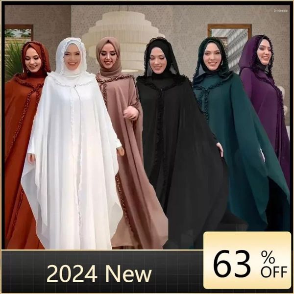 Vêtements ethniques 2024 Robes de taille plus pour femmes manches musulmanes à manches longues en V polyester noir jaune blanc maxi robe robe Dubai Abaya Kaftan