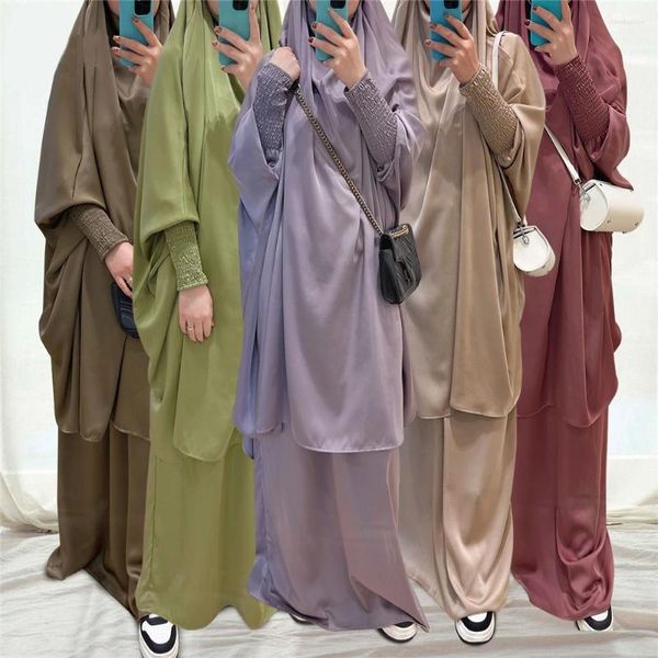 Ropa étnica 2024 Ramadán Eid Mujeres Musulmanas Largo Khimar Caftan Oración Ropa 2 piezas Conjunto Niqab Falda Hijab Vestido Abaya Robe Islámico