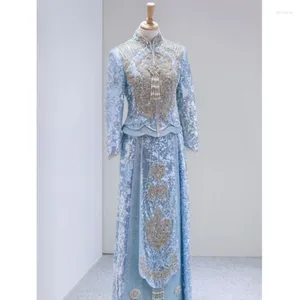 Vêtements ethniques 2024 raffiné Blue Phoenix broderie cheongsam de style mariage chinois robe mariée