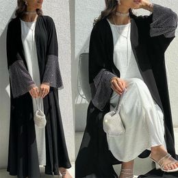Vêtements ethniques 2024 Arabie Arabe Casual Loose Black Floral Cardigan Abaya Stretch Diamond Mesh Robe Marocaine Turque Femmes MQ085