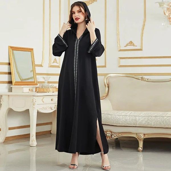 Ropa étnica 2024 Venta Islam Abaya Kaftan con cuello en V Negro Robe suelto Femme Musulane Moda Vestido de mujer con capucha para Europa y América