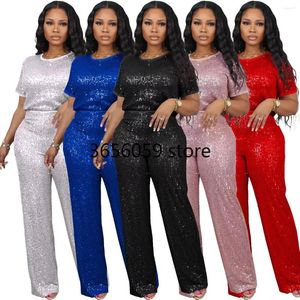 Vêtements ethniques 2024 Sequins Vêtements africains pour femmes Summer Summer à manches O Polyester 2 pièces Top Long Pant Matching Sets S-3XL