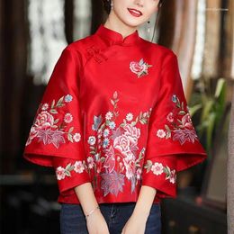 Ropa étnica 2024 Estilo de primavera y otoño Tang Traje Abrigo Retro Botón de bordado Chino Top Blusa suelta elegante de las mujeres