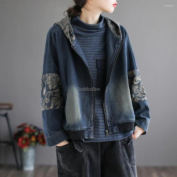 Ropa étnica 2024 primavera chino retro patchwork diseño con capucha chaqueta de mezclilla mujeres corto suelto estilo casual diario tang traje blusa W229