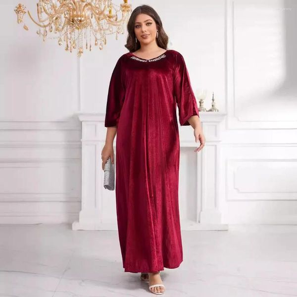 Vêtements ethniques 2024 printemps élégant femmes musulmanes 3/4 manches col en v velours plus taille longue robe maxi abaya mode