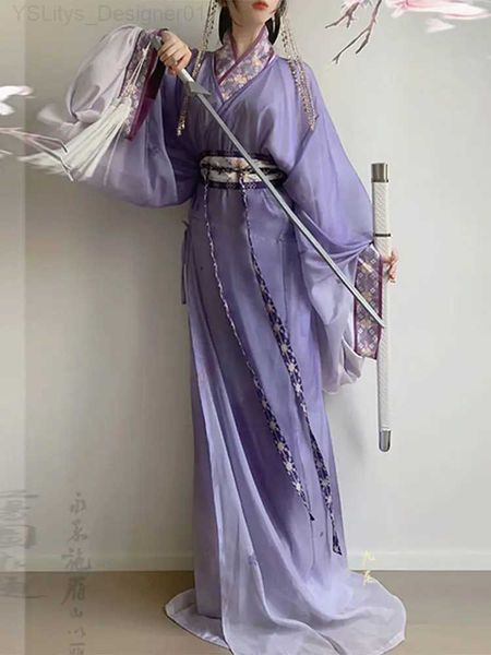 Vêtements ethniques 2024 Spring Purple Hanfu Robe Set Ancient Folk Line Dance Costume Stage Oriental Fairy SS Play C240411