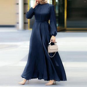 Etnische Kleding 2024 Lente Vrouwen Lange Mouw Effen Satijn Zonnejurk Gewaad Femme Moslim Maxi Jurk Dubai Turkije Abaya Hijab Ramadan