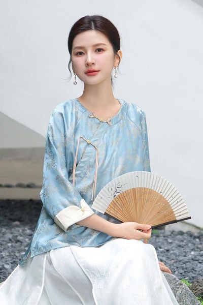 Ropa étnica 2024 Primavera Mujer Chino Cuello redondo Placa Hebilla Jacquard Blusa Azul Tang Traje Hanfu Art División Vestido femenino