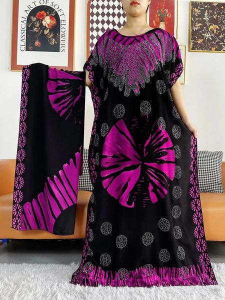 Ropa étnica 2024 Verano Vestido de fiesta de dama africana Bufanda grande Algodón Impreso suelto Floral Boubou Maxi Islam Mujeres Manga corta Abaya