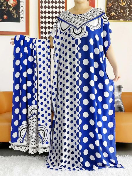 Vêtements ethniques 2024 Été Africn Lady's Eid Robe Grande Écharpe Coton Vague Point Imprimé Lâche Floral Boubou Maxi Islam Femmes Manches Courtes