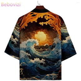 Etnische kleding 2024 Zomerstrand Japans creatief ontwerpgolven kimono anime 3/4 mouw shirt haori mode vrouwen yukata mannen gewaad