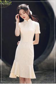 Etnische kleding 2024 Zomer Cheongsam Slim Fashion Women Fishtail Dress Sexy Short Sleeve Beige Qipao