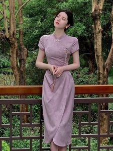 Etnische Kleding 2024 Zomer Chinese Dagelijks Verbeterde Qipao Korte Mouw Paars Jacquard Taille Gewikkeld Stijl Jurk Cheongsam