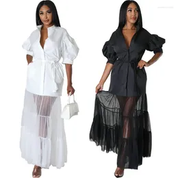 Vêtements ethniques 2024 Été élégants Patchwork Tenues de fête de fête de fête Black White Mesh Shirt Maxi Robe S-2xl Robes africaines pour