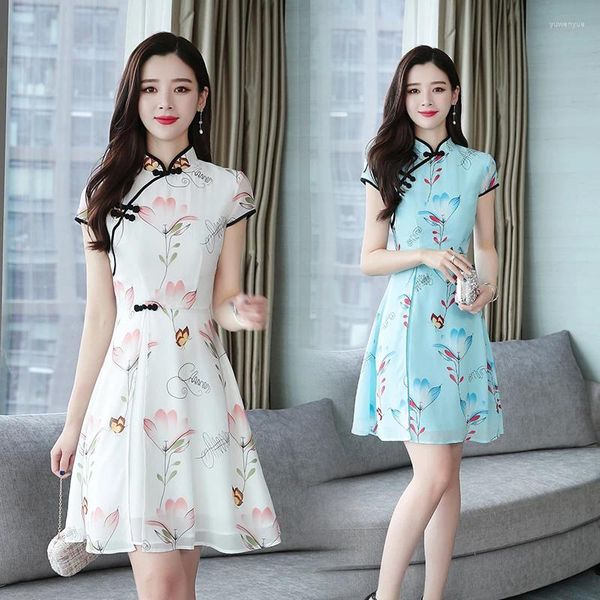 Ropa étnica 2024 Verano Moderno Mejorado Cheongsam Gasa Impresión Vintage Tradicional Estilo Chino Slim Qipao Vestido