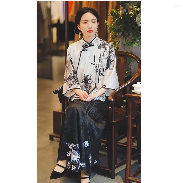 Vêtements ethniques 2024 Été Vintage Soie Stand Collier Encre Imprimé Big Manches Cheongsam Top Femmes Chinois Cérémonie Traditionnelle Qipao Plus