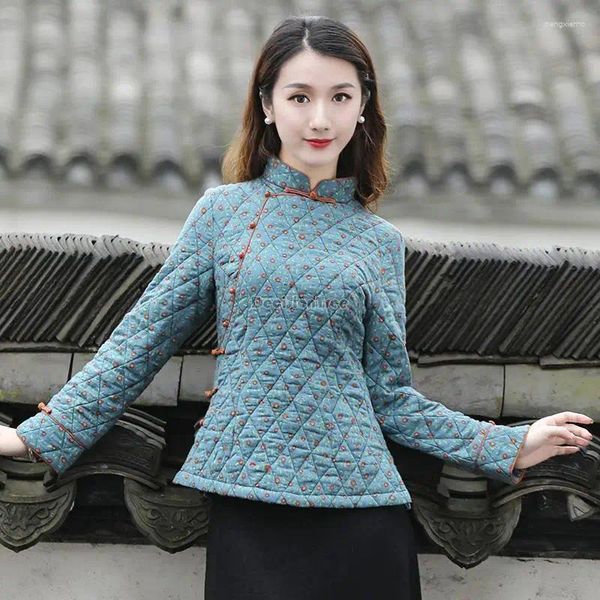 Vêtements ethniques 2024 Costume Tang Style chinois Veste rembourrée en coton Automne Hiver Cheongsam Type Blouse Femme Épaissie Chaud Top W88