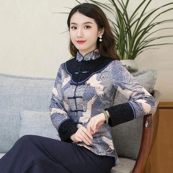 Vêtements ethniques 2024 Costume Tang Femmes Robe Style Chinois Automne Hiver Cheongsam Veste Pan Boucle À Manches Longues Coton Rembourré W64