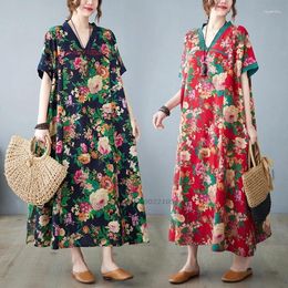 Abbigliamento etnico 2024 Abito tradizionale cinese vintage con scollo a V allentato Cheongsam Fiore nazionale Stampa Cotone Lino Qipao Folk orientale
