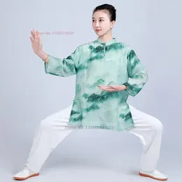Etnische kleding 2024 Traditionele Chinese tai chi uniform nationale bloemenprint katoen linnen wushu vechtsporten training oefening